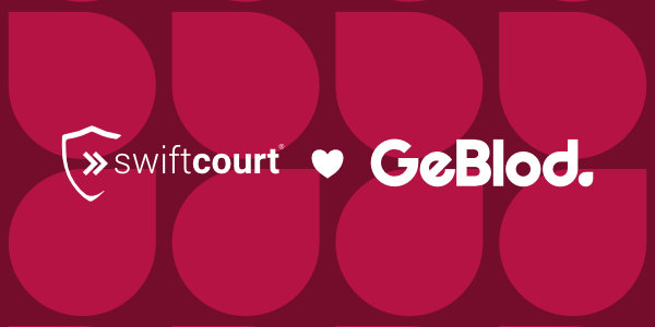 Swiftcourts och Ge Blods logotyp mot röd bakgrund